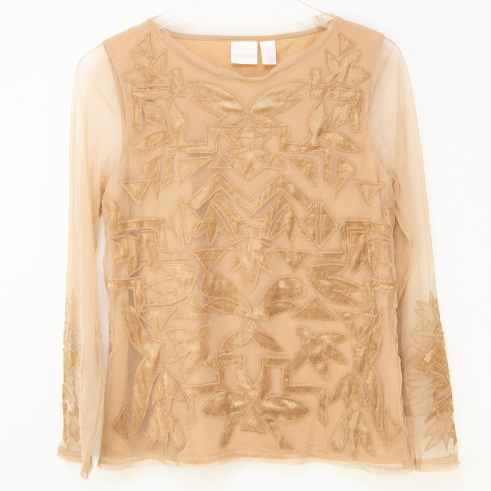 Chico's Pieced Velvet Top Sheer Sleeve Blouse Office Shirt Tan Size 0 Small New - Picture 2 of 8